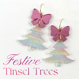 Pink Mirror Bows and Festive Tinsel Tree Acrylic Earrings - Christmas Earrings