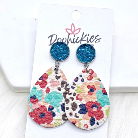 2" Teal Sparkles & Floral Leopard Dangles (leather) -Earrings