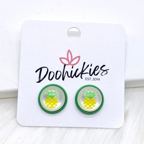 12mm Pineapples in Green Settings -Summer Earrings