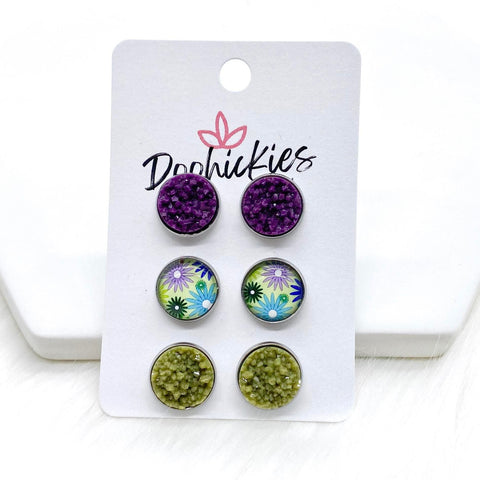 12mm Grape/Olive & Purple Flowers/Olive Branch in Stainless Steel Settings -Fall Stud Earrings