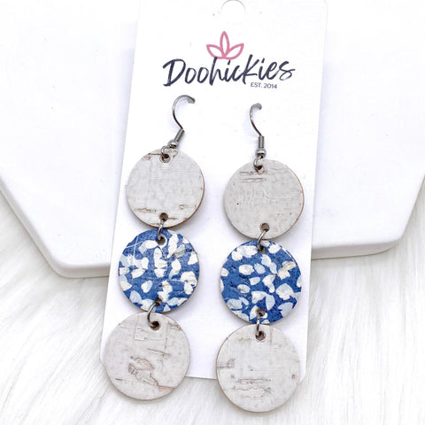 3" White/Blue Floral/White Triple Corkies -Earrings