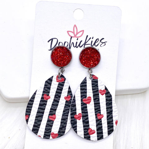 2" Red Sparkles & Striped Red Hearts Dangles -Earrings