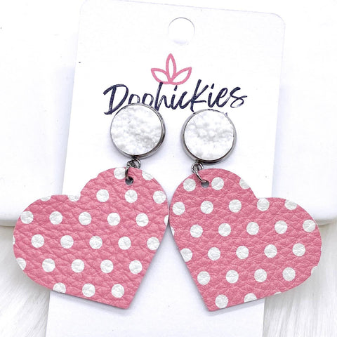 2" White & Pink Polka Dot Heart Valentine Dangles -Earrings