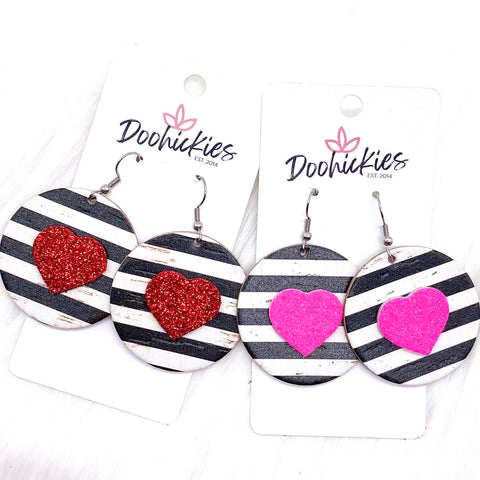 2" Valentine 3-D Glitter Hearts & Striped Circles -Earrings