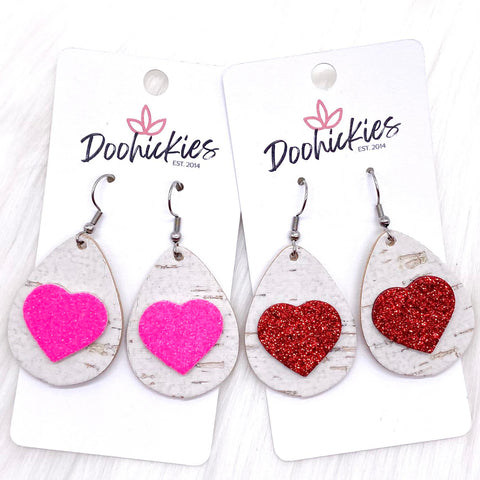 1.5" Valentine 3-D Glitter Hearts & White Linen Teardrops -Earrings
