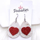 1.5" Valentine 3-D Glitter Hearts & White Linen Teardrops -Earrings