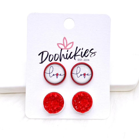 12mm Cursive Love & Red Crystals in Red/White Settings -Earrings