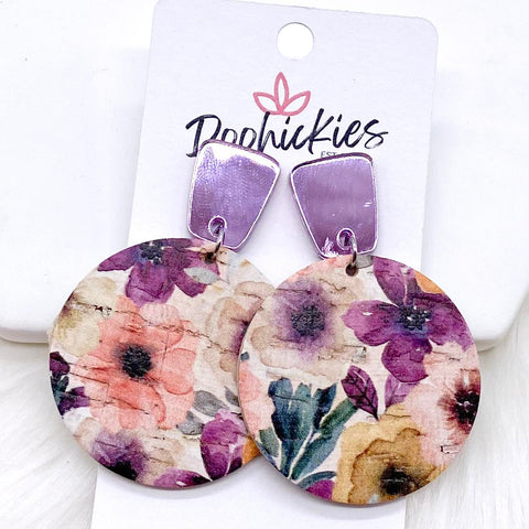2" Purple Mirror Long Trapezoid & Purple Floral Piggyback Dangles -Earrings