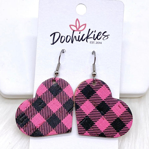 1.25” Hot Pink Buffalo Plaid Hearts (Corkies) -Earrings