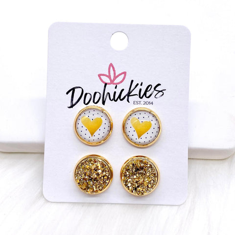 12mm Gold Valentine Hearts & Gold in Gold Settings -Earrings