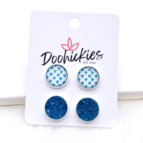 12mm Teal Valentine Hearts on White & Teal Sparkles in White Settings -Earrings