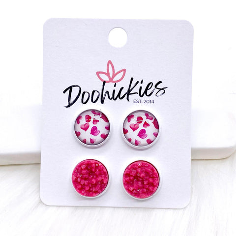 12mm Hot Pink Hearts & Dark Pink Crystals in White Settings -Earrings