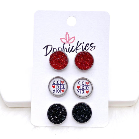12mm Red Sparkles/XOXO/Black in Stainless Steel Settings -Earrings