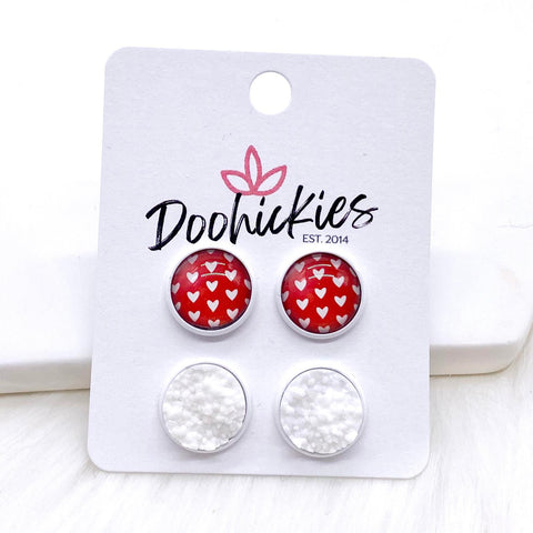 12mm White Hearts on Red & White in White Settings -Earrings