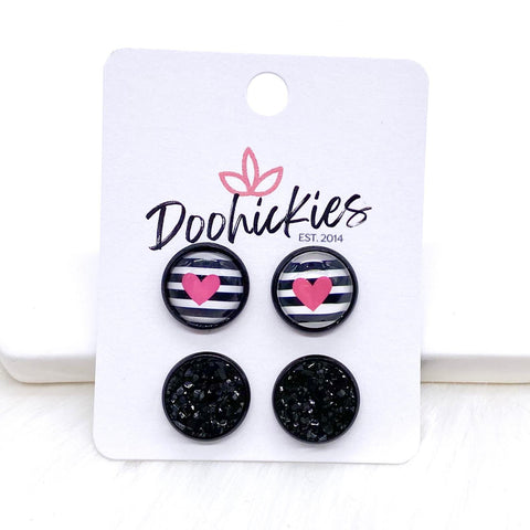 12mm Pink Hearts on Stripes & Black in Black Settings -Earrings
