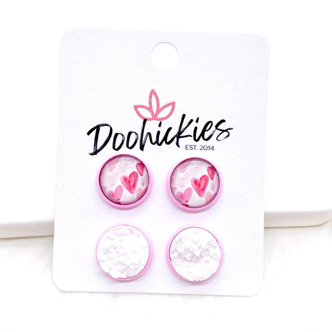 12mm Hand Drawn Hearts & Snow White in Bright Pink Settings -Earrings