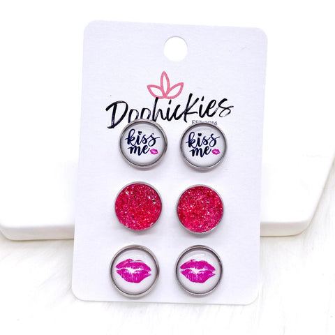12mm Kiss Me/Hot Pink Sparkles/Hot Pink Lips in Stainless Steel Settings -Earrings