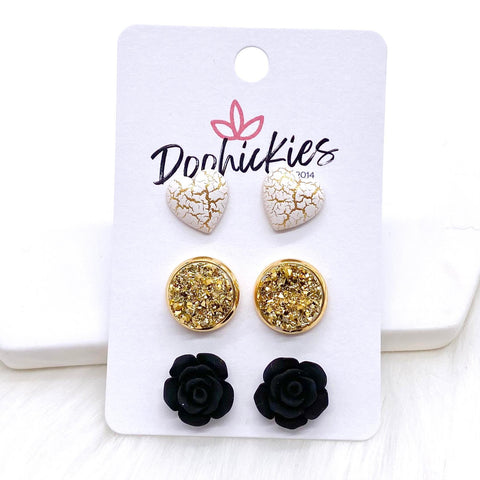 12mm Ivory Gold Crackle Hearts/Gold/Black Roses in Gold Settings -Earrings