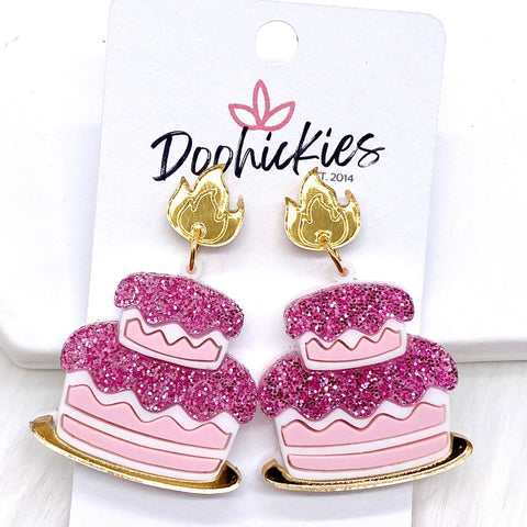 1.5" Pink Glitter Cake Acrylic Dangles -Birthday Earrings