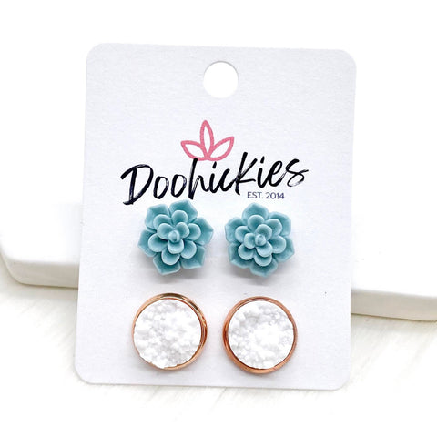 12mm Sage Succulents & White in Rose Gold Settings -Earrings