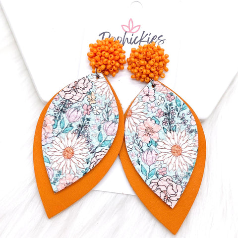 3.5" Tiny Orange Seed Bead & Flower Garden Layered Leafs -Earrings