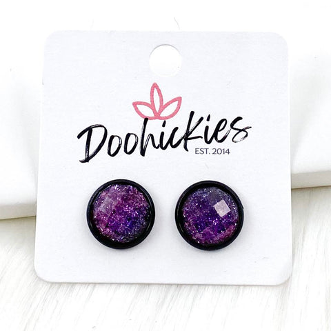 12mm Iridescent Purple Glitter in Black Settings -Halloween Earrings