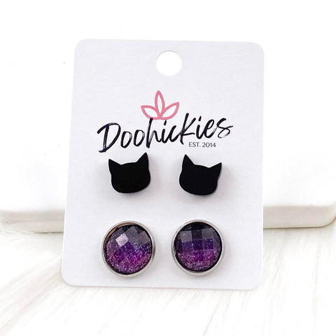 12mm Solid Black Cat Head & Iridescent Purple in Stainless Steel Settings - Halloween Earrings