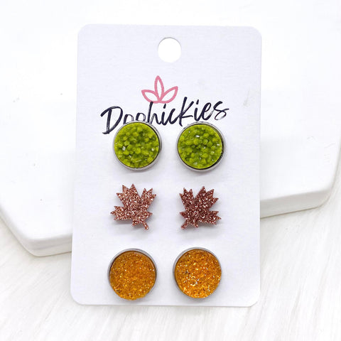12mm Moss/Leaf/Autumn Yellow Sparkles in Stainless Steel Settings -Fall Stud Earrings