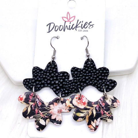 2.5" Black Stingray & Black Dahlia Blossoms -Fall Cork Earrings
