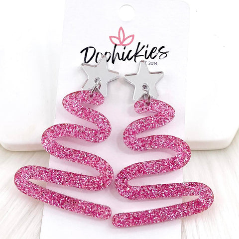 2.5" Pink Glitter Curvy Tree Dangles -Christmas Acrylic Earrings