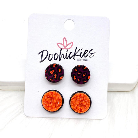 10mm Halloween Leopard & 12mm Orange Crystals in Black Settings -Halloween Earrings