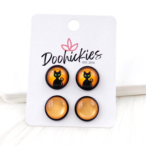12mm Moonlight Cats & Orange Cat Eye in Black Settings -Halloween Earrings