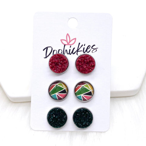 12mm Cranberry/Mosaic/Evergreen Crystals in Stainless Steel Settings -Fall Stud Earrings