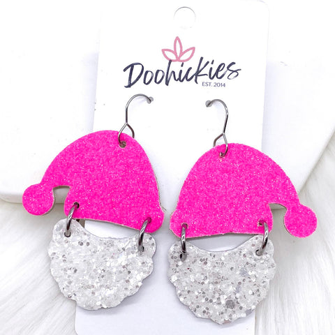 2" Hot Pink Glitter Santas -Christmas Earrings