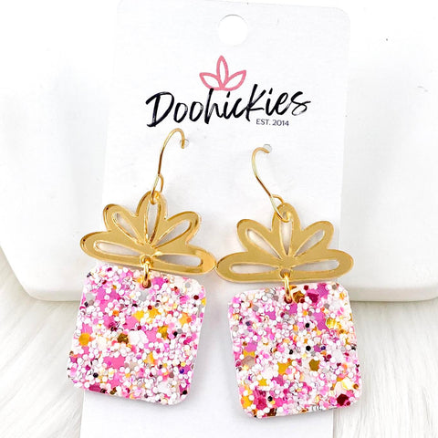 2" Gold Mirror Bow & Cotton Candy Glitter Presents -Christmas Earrings