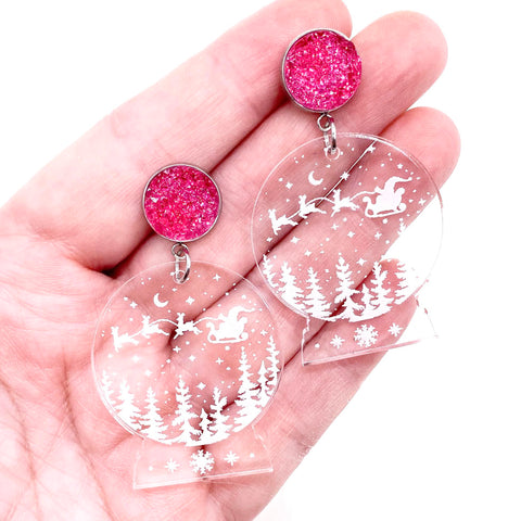 2" Hot Pink Crystals & Snow Globe Dangles -Christmas Earrings