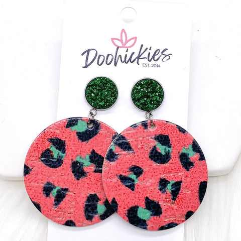 2" Glitter Green & Christmas Leopard Dangle Piggybacks -Cork Earrings