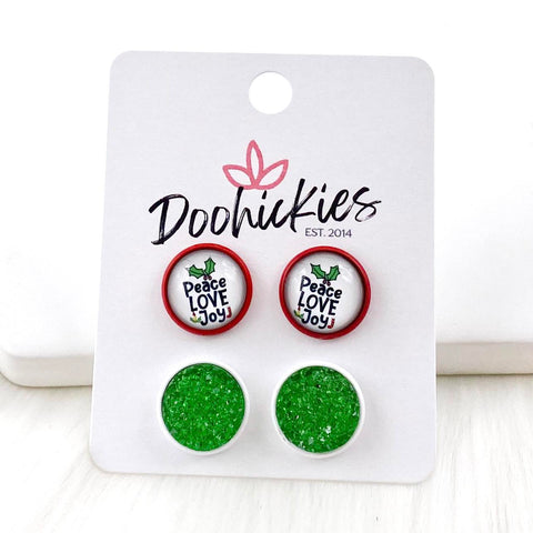 12mm Peace Love Joy & Green Sparkles in Red/White Settings -Christmas Studs