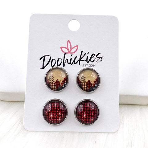 12mm Country Christmas & Snowflake Red Buffalo Plaid in Stainless Steel Settings -Christmas Earrings