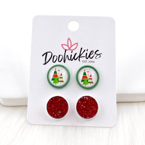 12mm Decorated Christmas Trees & Red Sparkles in Green/White Settings -Christmas Earrings