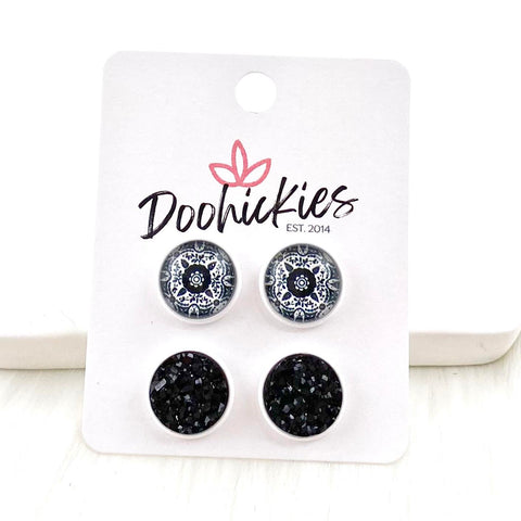 12mm Mandala & Black in White Settings -Everyday Earrings