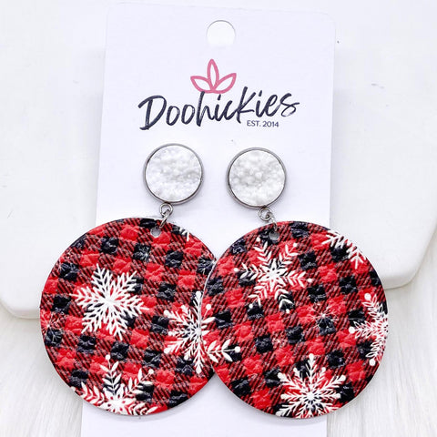 2" Snow White & Snowflakes on Plaid Dangle Piggyback -Christmas Earrings