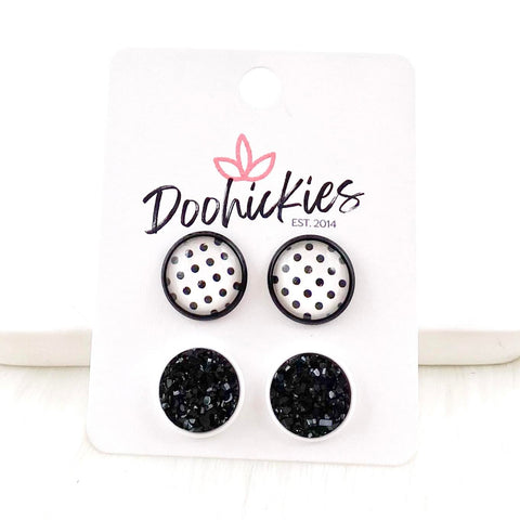 12mm Black Polka Dots & Black in Black/White Settings -Everyday Earrings