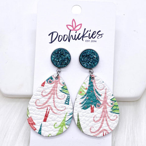 2" Teal Glitter & Vintage Tree Dangles -Christmas Leather Earrings