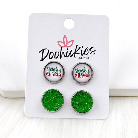12mm Sleigh All Day & Green Sparkles in Stainless Steel Settings -Christmas Studs