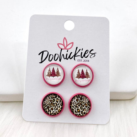 12mm Merry & Bright Trees & Tan Leopard in Pink Settings -Christmas Studs