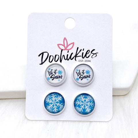 12mm Let It Snow & Snowflakes in White Settings -Christmas Studs