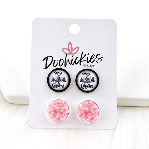 12mm Pink Plaid Merry Christmas & AB Pink in Black/White Settings -Christmas Studs