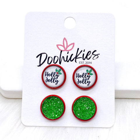 12mm Holly Jolly & Green Sparkles in Red Settings -Christmas Studs