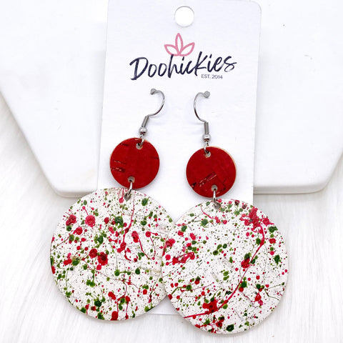 2.5" Red & Christmas Splatter Piggybacks Corkies -Christmas Earrings